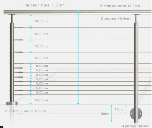 GUARDRAIL 11 STAINLESS STEEL CABLES ROUND TUBE