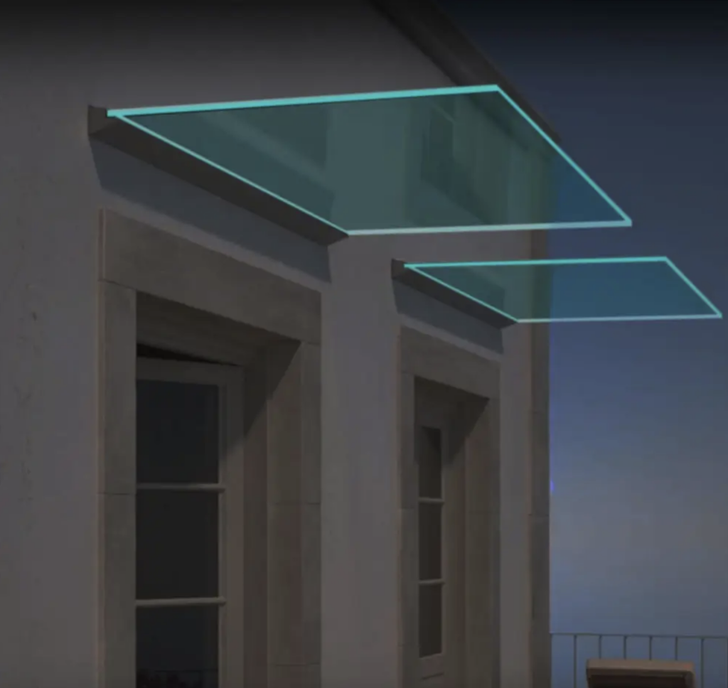 Auvent de porte en verre avec LED 2 mètres de long.