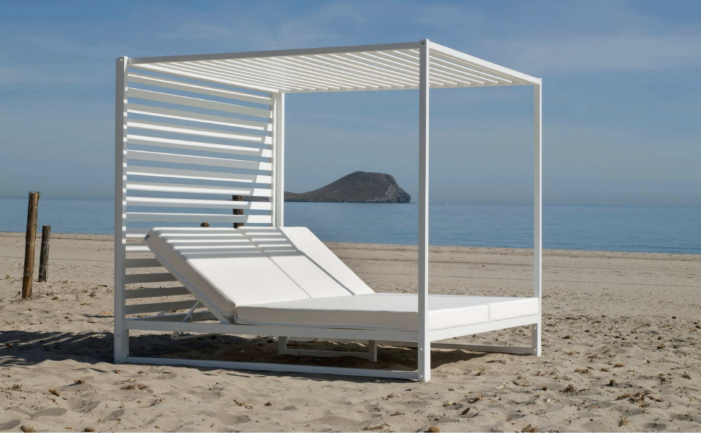 Letto da giardino balinese SANTORINI-D finitura BIANCO tessuti DRALON BIANCO per 2 posti