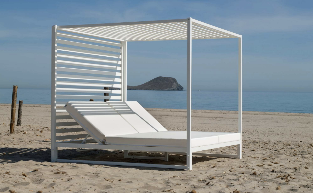 Letto da giardino balinés SANTORINI-D finitura WHITE tessuti DRALON per 2 posti