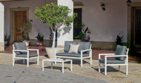 Gartenmöbel MANDALAY Sofa. Struktur WEISS Stoff GRAU SARA DRALON 