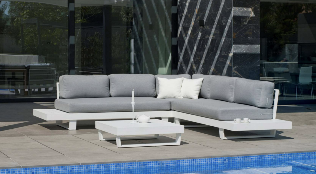 Salon de jardin Sofa MENFIS-7 Finition BLANC Tissus GRIS CLAIR MARILAN DRALON