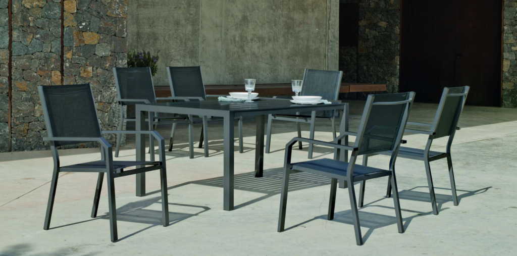 PALMA-220 Garden Dining Set mit 6x GEMA-3 ANTHRAZIT-Finish DUNKELGRAU TEXTILENE Stoffen für 6 Sitzplätze