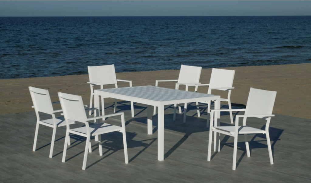 PALMA-220 Garden Dining Set med 6xROMA-3 WHITE Finish TEXTILENE WHITE Tyger för 6 platser