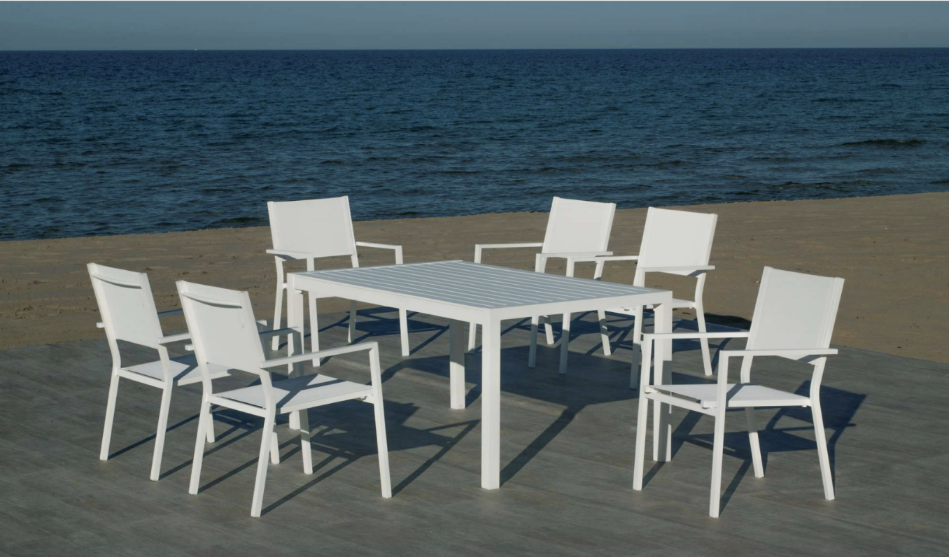 PALMA-220 Garden Dining Set with 6xROMA-3 WHITE Finish TEXTILENE WHITE Fabrics for 6 seats