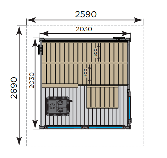 Dimensions Sauna extérieur Solide Vision Harvia chauffage au bois ou électrique